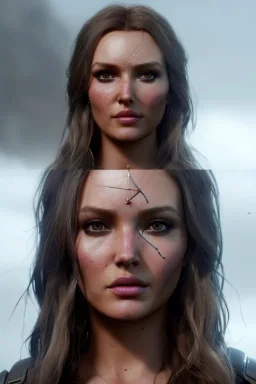 Camilla luddington face, big busty, texture skin,Crystal yellow eyes, long white hair, wearing The Lara Croft, realistic, 4k, intricate, best quality, fog particles, fire particles, octane render, vray, sword fire