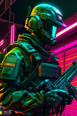 us men soldier with rilfe M4 with helmet with neon background colour with word "szczepan" with cyberpunk style