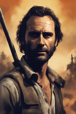 Andrew Lincoln as "RICK GRIMES" movie poster (the walking dead) in the art style of Frank Frazetta