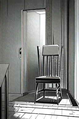 chair in the middle of an empty room, grayscale