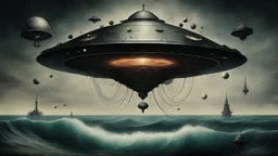 Hieronymus Bosch style nightmare Black kabbalah in the ocean huge ufo spaceship hovering above it