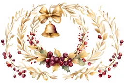 opulent clipart Christmas wreath, berries, intricate golden bells hanging from center, in gold and Burgundy elegance and sophistication, hand-painted watercolor blends, isolated on a white background