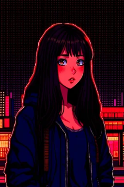 pixel art of the cute girl, best quality, cinematic lighting, detailed casual baggy outfit, black and neon detailed colors, perfect blue eyes, black hair, black eyes, long dark brown hair with bangs,