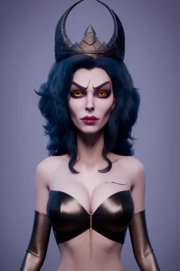 Lene Nystrøm as evil queen in black leather, busty, cleavage, voluptuous, Aqua Lene, angry, stern look. character design by cory loftis, fenghua zhong, ryohei hase, ismail inceoglu and ruan jia. unreal engine 5, artistic lighting, highly detailed, photorealistic, fantasy