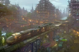 Hanoi train+Bar and garden on High Bridges across Skyscraper river+Gothic village+European Metropolis on sea+naples alley+Torino square+trieste canals+victorian London+decòpunk Skyscraper+ +steampunk+biopunk+alphonse mucha, greg rutkowski, matte painting, cryengine, hyper detailed, felix kelly, fantasy art, seb mckinnon