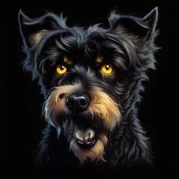 head of an angry scruffy black terrier on black background, yellow eyes, defined teeth, turned to the side, horror fantasy illustration
