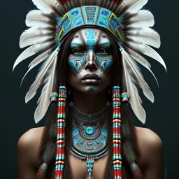 war painted pueblo Indian female, dark, disturbed expression.intricate detailethnically accurate face, intricate head dress, detailed make-up, detailed turquoise jewelry, detailed hair, detailed feathers, use dynamic palette, accurate proportions, high contrast.Ohrai style