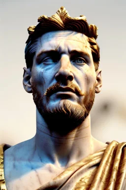 Realistic image, Roman sculpture made in white marble with gold veins, Lionel messi with gold laurel leaves crown, two blue brushes, decorative star on the chest, waist up portrait, marble material, gold ornaments, Baroque style, sun rays background, epic, celestial, cinematic lighting, God lights, 4k resolution, smooth details, soft lighting, unreal engine 5, art station, substance 3d.