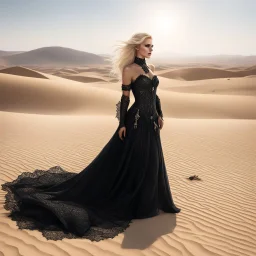 A sun-bleached desert stretched before her, a harsh and unforgiving landscape where only the brave or the desperate dared to tread. Kneeling in the sand, a peroxide-blonde woman with eyes as cold as steel was clad in a widow's black lace gown, a stark contrast to the barren surroundings. Behind her, a sepulcher rose under the relentless sun, its weathered stone casting a menacing shadow that seemed to whisper of forgotten sins and lost souls. Atop the sepulcher, a religious statue loomed, its fo