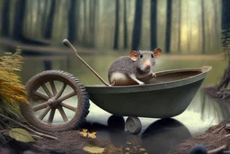 mouse in wheelbarrow, in forest by lake