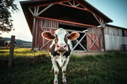 low angle scenic photo of a Dairy farm with barn, one Holstein Cow in front