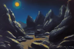 Rocks, night, 2000's sci-fi movies influence, otto pippel impressionism painting