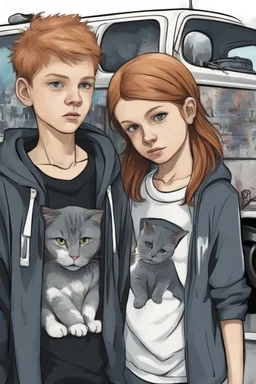 graffiti style, dark colors, two boys 13 and 14 years old, ginger hair, girl 15 years old, brown hair, black cats, old town, white van in background