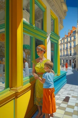 Neoclassicism mother and child looking at a shopwindow distend zoom out realistic cote d'azur colorfull