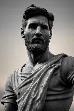 Ultra Realistic image, roman sculpture, Calacatta marble material, Lionel Messi, gold Laurel wreath, Renaissance style, miguel angel David style, chisel style, emperor, waist up portrait, epic, celestial, cinematic lighting, God light, god rays, 4k resolution, smooth details, ornate details, soft lighting, unreal engine 5, sky background.