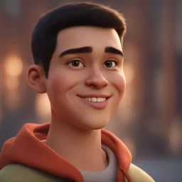 a portrait of smiling young cute western man. caricature. black hair. short buzz cut hair style. light skin. dark eye pupils. small eyes. black thick eyebrow. small short round face shape. a bit small goatee, without moustache. big nose. thick mouth. white sweater hoodie. pixar style. 3D. 4k. portrait. highly detailed. sharp focus. high resolution. full color. cinema lighting