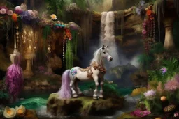 A beautiful fairytale magical composition of a rainforest with a waterfall, a masterpiece, patchwork-like, made of different materials: tulle embroidered with precious stones, lace and real pearls, silk, velvet, burlap, faux fur with leopard print. Unicorn, flowers