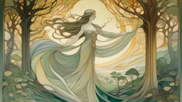 modernist style, A female figure with flowing, ethereal robes and long, wavy hair appears to be floating or dancing in a mystical, nature-inspired setting with trees and other organic elements in the background, art nouveau, soft colors