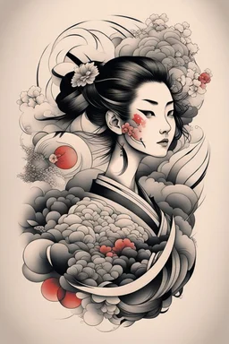 Create a captivating modern 2d Japanese tattoo design for print , using the elegant influences of japan art style, for print, dynamic elements from fashion and design, and bold Japanese art aesthetics, framing centered in the center, distanced from the edges of the paper perimeter, perfect anatomy, bauhaus, Divine Proportion,
