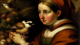 In Pieter Bruegel's painting, a woman gazes elegantly while a white-throated bushtit perches on her hand. The intricate details capture the beauty of nature and the peaceful coexistence between humans and wildlife. Bruegel's skillful composition brings harmony and serenity to this timeless masterpiece.