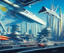 Art by John berkey, Spaceport on a heavy industrialized planet with a vibrant city in the background and a docked spaceship in the foreground, retrofuturistic, buildings with glass facades, insanely detailed, vibrant, 8k uhd, cinematic atmosphere, ultra-wide angle, street level view, brush strokes, blue sky with clouds, sharp focus