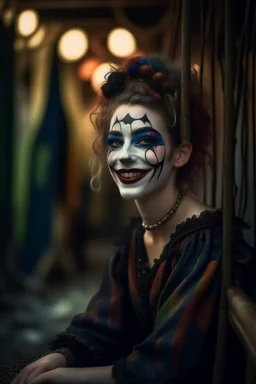 hyper real oil painting portrait of posing laughing dreaming harlequin in cable trolley in goth ruins background, zeiss prime lens, bokeh like f/0.8, tilt-shift lens 8k, high detail, smooth render, down-light, unreal engine, prize winning