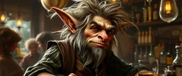 hårete gremlin elf bartender med vind i håret på fest malt av Rembrandt