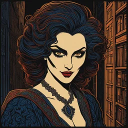 museum quality color woodcut of a Banu Haquim female vampire with highly detailed hair and facial features in the dark back alleys of Seattle, in the style of Gustave Baumann, with a fine art , graphic novel aesthetic, highly detailed, finely cut ,8k render,