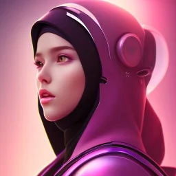 Cute girl face in hijab, Sci-fi character, purple backlight, pink and purple, scifi suit, profile, purple background, pink lighting