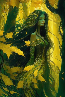 In the heart of a dense and enigmatic forest with towering ancient trees cloaked in emerald, yellow and amber foliage stands an ethereal beauty, her face is perfect, her lustrous hair cascading in ebony waves down to her slender waist she is slowly turning into a tree herself