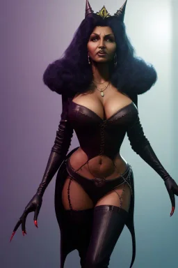 Pam Grier as evil queen in black leather, leather, busty, cleavage, angry, stern look. character design by cory loftis, fenghua zhong, ryohei hase, ismail inceoglu and ruan jia. unreal engine 5, artistic lighting, highly detailed, photorealistic, fantasy