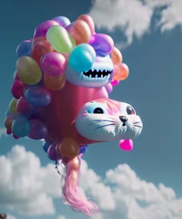 Ultra realistic speed clouds sky scene, wide angle view, sweet childs falling down, inflatable color clothing, free jumping flying, many trinkets, monster head, hair monster, many jelly beans, balls, smile, happy, circus style, extreme, wind, clouds sea, 20,000 feet altitude, stratosphere, soft color, highly detailed, unreal engine 5, ray tracing, RTX, lumen lighting, ultra detail, volumetric lighting, 3d, finely drawn, high definition, high resolution.