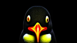 angry penguin | black background | red eyes | yellow beak