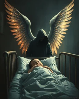 Bosch painting style ,nightmare, an Angel behind a shadow of Scary hooded dark creature behind a baby sleeping in bed in a dim light baby room