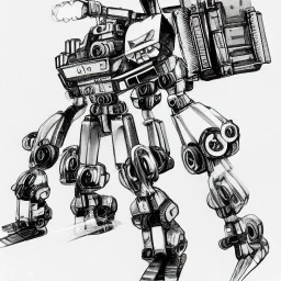 mecha with tracks for a tank. His body is armor and his hands are machine guns. The robot head has glass and the driver is an animal