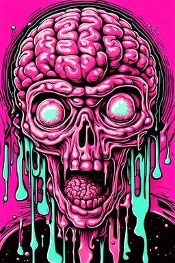 Vintage illustration of a slimey pink brain melting, cartoonist animation style, hand drawn, neon lighting, gross art, pop punk, 90s anime inspired, airbrushing, post modern, horror cut, gradient chrome abberations, retro weird drawings, alien brain matter, blood spatter , scifi punk