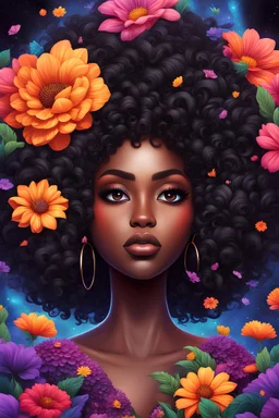Create a galaxy digital art cartoon style of a black curvy female looking down with her eyes close. Prominent makeup with lush lashes. Highly detailed large tight curly black afro. Background of large colorful Dahia flowers