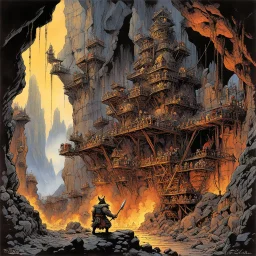 Underground Dwarf mine with massive smoking forge, blacksmiths toiling over anvils, criss-crossing suspension scaffolds and catwalks, dramatic maximalist stature of dwarf king carved into rock formation, By Brian Bolland, by Frank Frazetta, by Boris Valejo, Tolkien fantasy masterpiece, expansive and vast underground kingdom, dark rich colors, detailed ink illustration, perfect coloring, smooth.