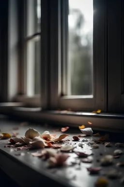 Wilted petals falling from windowsill, hd, realism, hdr, 4k, leica, fujifilm, dslr, cinematic