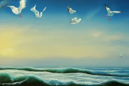 seagulls flying over the sea in the evening, oil painting deviant art wallpaper