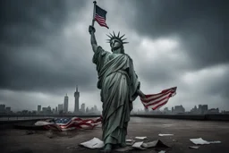 the statue of liberty, dress dirty and torn, her face solemn and terse, trash littered at her feet, she holds a crumpled american flag, she walks away with back turned under a dark and dreary sky, wide angle
