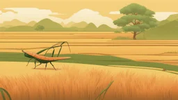 Rice field，Trees，Warm color palette，Animation，A lovely grasshopper