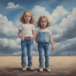 Surreal painting of 2 little girls, jeans, the sky in the background