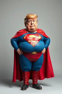 a thoroughly confused, frail, elderly and obese donald trump standing dressed as superman
