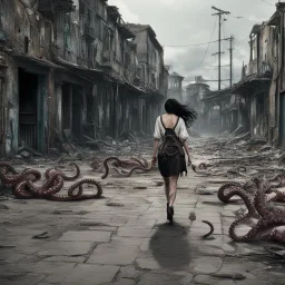 a woman with dark hair and octopus legs, walking along a derelict street