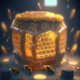 bee hive covered with glowing honey, photorealistic, unreal engine 5, masterpiece, trending on artstation, sharp focus