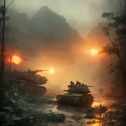 vietnam war. war report. in jungle. poster. bokeh. lens flare. warm lights. high detailed. beksinski