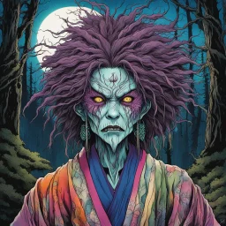 full color front facing portrait of a malevolent Yama Uba witch in a ragged kimono with highly detailed shaggy hair and slim, withered narrow facial features, in a haunted mountain forest, pierced by shafts of moonlight , art in the style of Alex Pardee, spirited away, studio ghibli, , 8k , finely detailed and precise line work, soft natural Spring colors