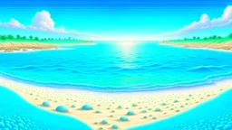 fantasy illustration pacific ocean blue color, sandy lagoon with small shells on the beach