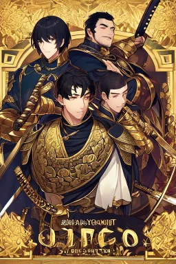 A handsome 30 year old knight, black hair, male bob haircut, in black-and-gold plate armor, golden katana in both hands, no beard, european, proper arms